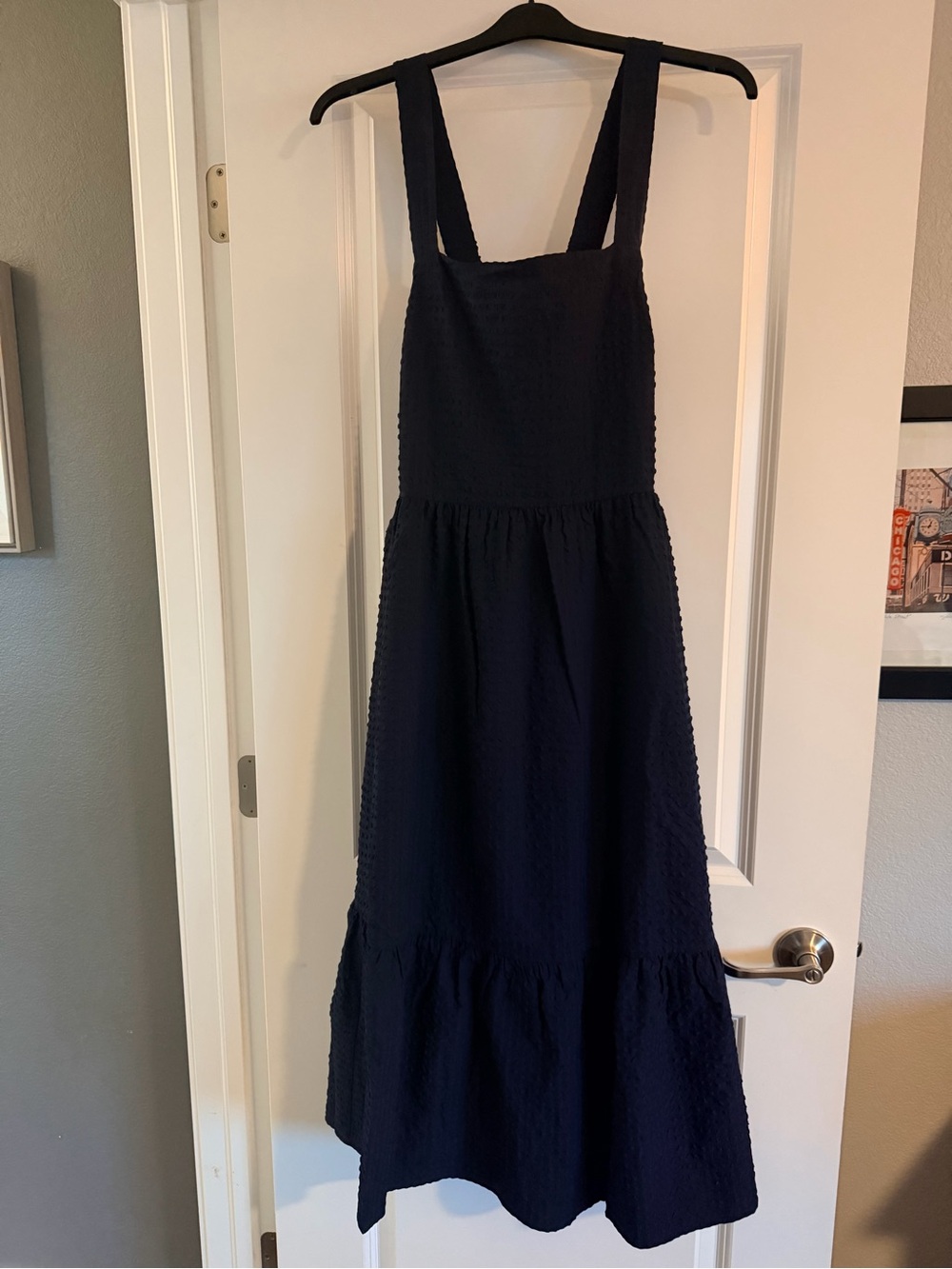 Draper James Blake Navy Seersucker Cross-back Midi Dress NWT